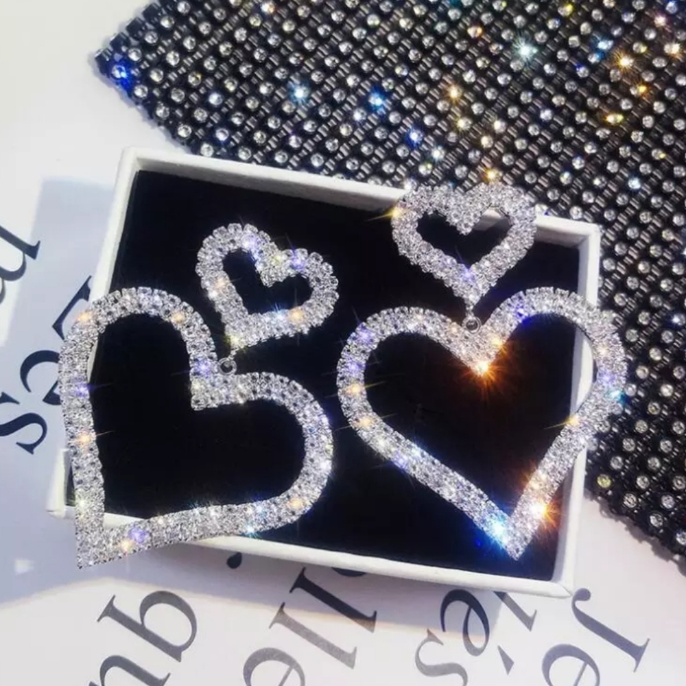 Crystal Double Heart Silver Drop Earrings